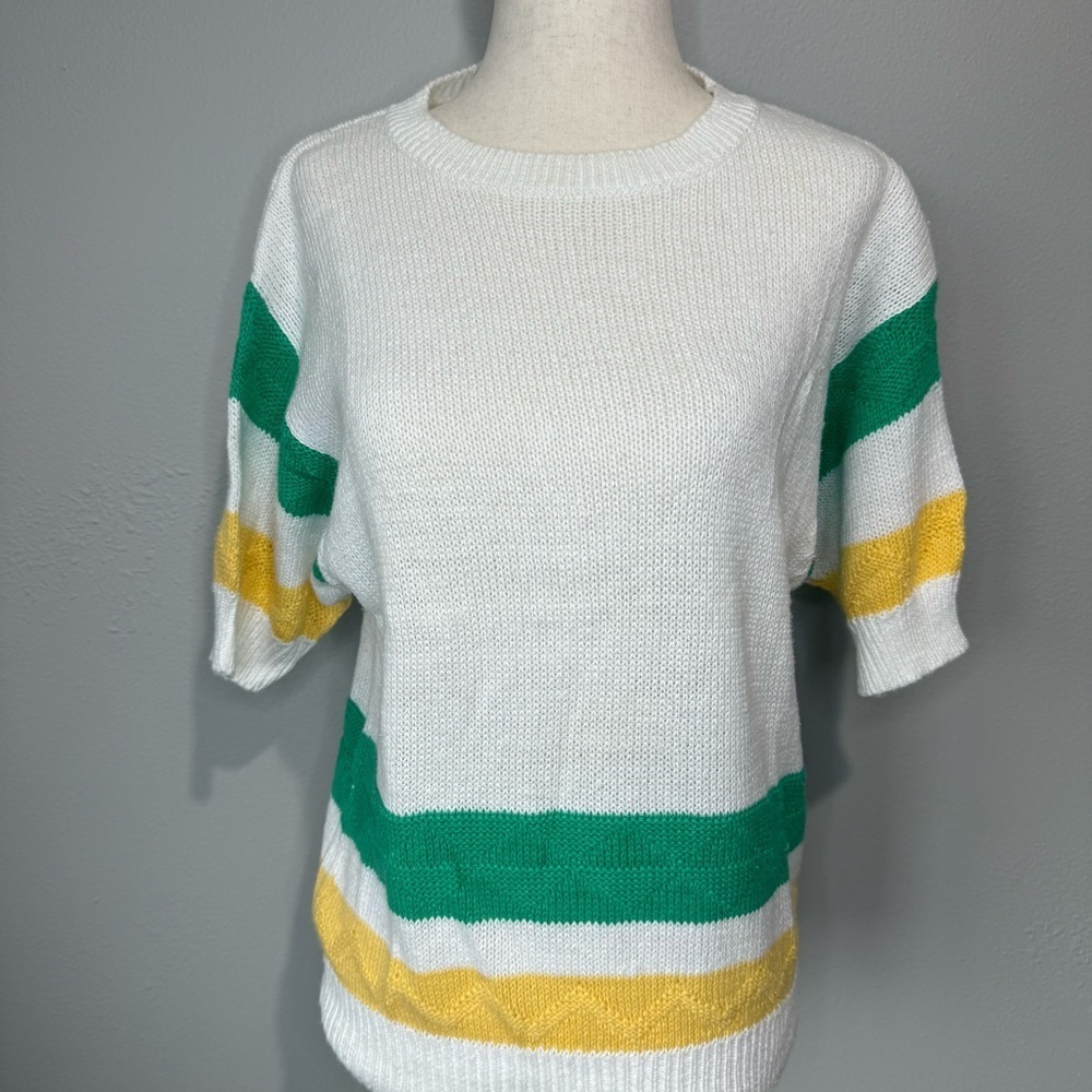 Striped White Sweater with Green and Yellow Accents